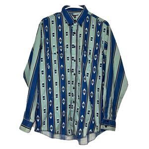Wrangler Western Shirt Size 16.5 x 35 Blue Striped Aztec Pearl Snap Cowboy Cut